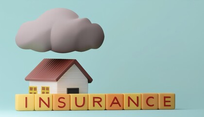 A house model with a cloud above and the word "INSURANCE" spelled out in blocks, representing the concept of home insurance.