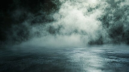 Abstract concrete floor in a dark room with foggy white mist, ideal for product placement. -