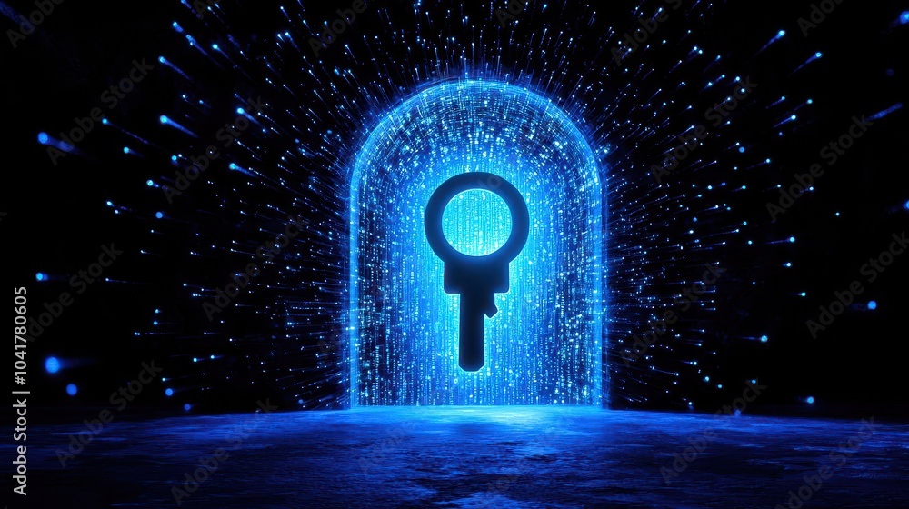 Poster a giant keyhole in the center of a vast matrix of digital data, with tiny padlocks locking and unloc