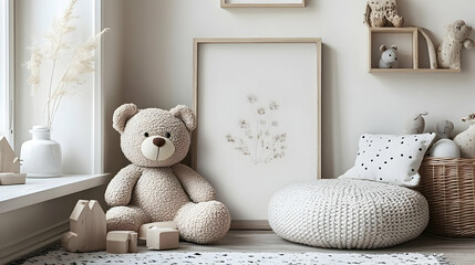 Cozy Playroom Decor with Plush Teddy Bear and Knit Pouf