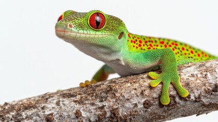 Fototapeta premium Giant day gecko with its vibrant green body and red spots perched on a branch, isolated on white.