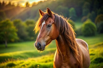 Obraz premium Captivating Tilt-Shift Photography of a Brown Horse's Profile Against a Soft Background
