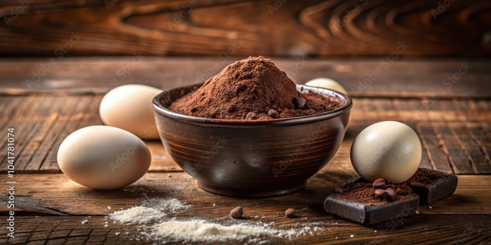 Poster a rustic wooden table setting with a bowl of cocoa powder, eggs, and chocolate pieces