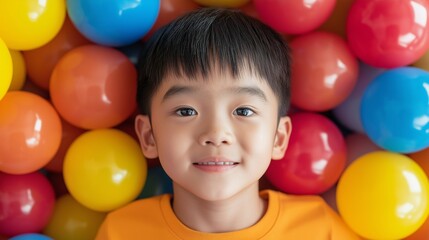 Obraz premium Asian boy with plastic balls around