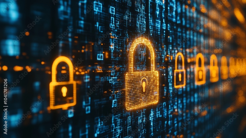 Poster purple digital lock on computer screen, symbolizing online security and data protection in the age