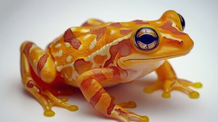 Golden dart frog in a vibrant yellow hue, posed on a white backdrop to highlight its rare coloration.