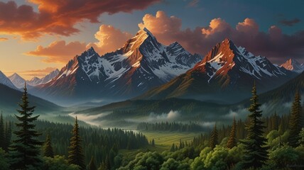 a majestic mountain landscape bathed in the golden light of sunset. Towering snow-capped peaks dominate the scene, their rugged slopes contrasting with the smooth, cloud-filled sky.