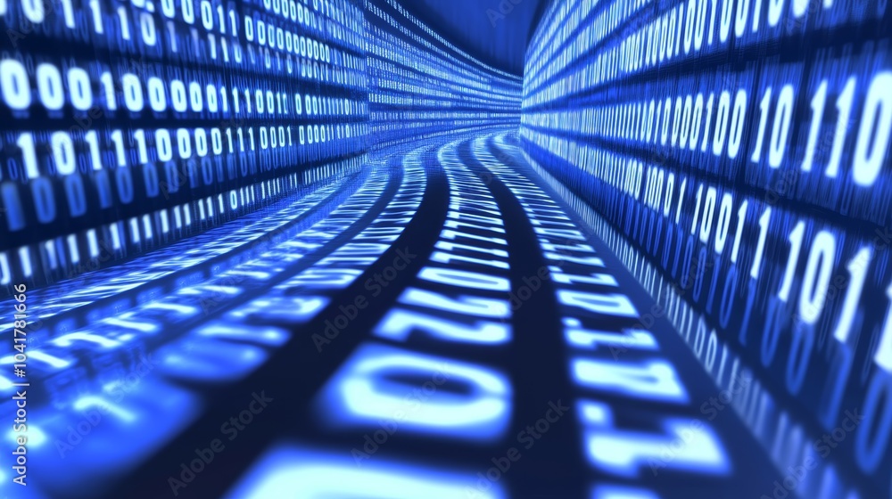 Poster immersive purple binary code tunnel, captivating digital journey through technology