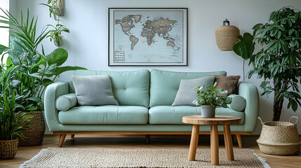 Living Room Decor with Green Sofa, Plants, and a World Map