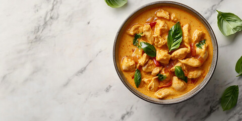 Thai Red Curry with chicken and basil, featuring a rich coconut milk sauce.