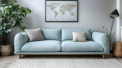 Modern Living Room with Blue Sofa and World Map Decor