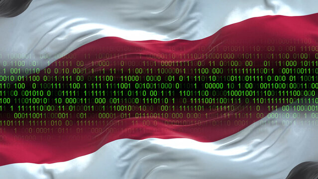 Yemen flag - 3D realistic waving flag on matrix digital background with binary code