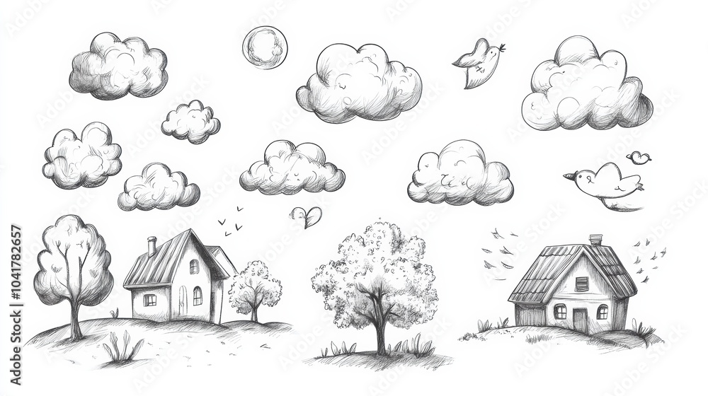 Poster delight in charming sketches showcasing simple clouds, trees, and houses, all crafted in a quick and