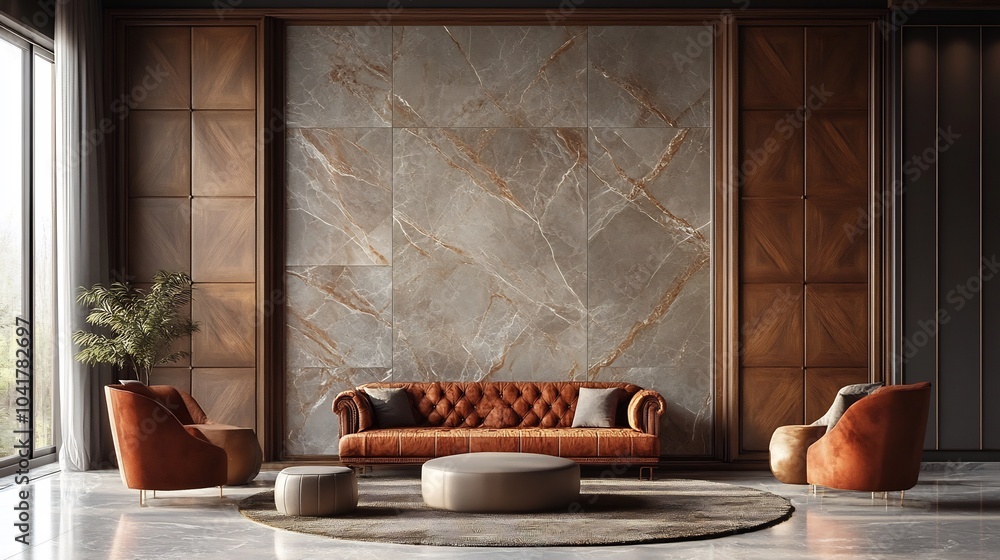 Poster intricate wall design featuring a luxurious marble pattern intertwined with rustic wooden panels cre