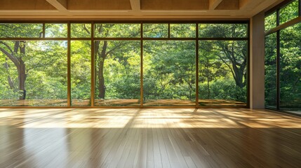 Fototapeta premium Empty yoga room with wooden floors and big windows, perfect for retreats and classes.