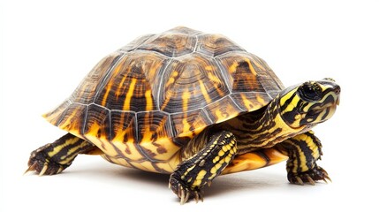 Mata mata turtle with its bizarre, flat head, sitting still on a white background.