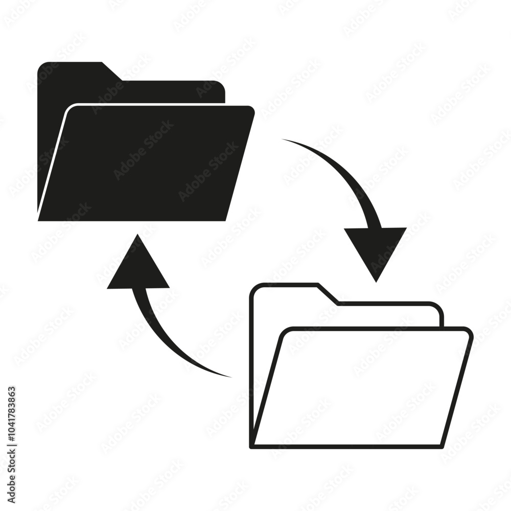 Poster folder transfer icon. data exchange symbol. file sharing vector. black document shape.