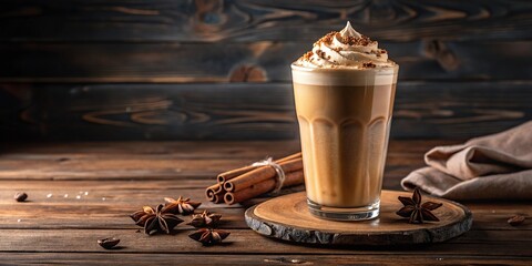 Chai frapp blended with chai tea concentrate served in tall glass on wooden table