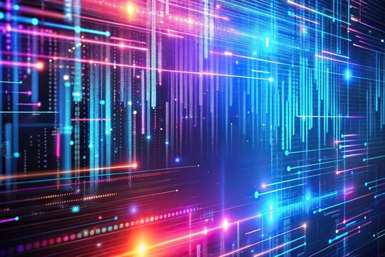 abstract background with neon glowing aerial view of programming code lines