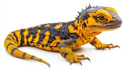 Obraz premium Ornate Uromastyx lizard with its distinct spiky tail, sitting calmly against a white background.