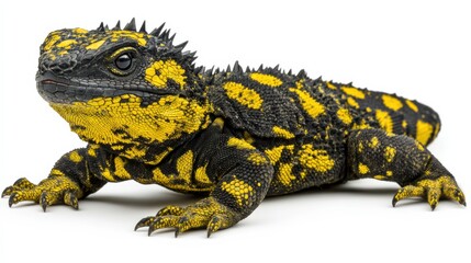 Obraz premium Ornate Uromastyx lizard with its distinct spiky tail, sitting calmly against a white background.
