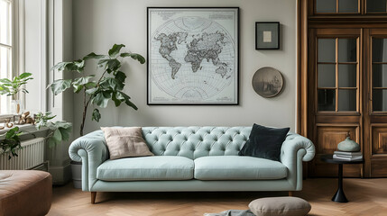 Elegant Living Room Decor with a Vintage World Map