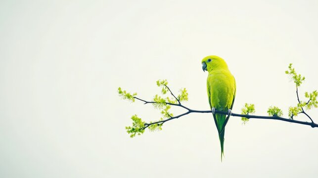 Pacific parrotlet with vibrant green feathers, perched on a small branch isolated on white.