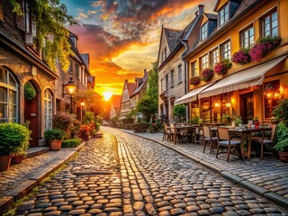 Fototapeta premium Charming Sunset on Cobblestone Street with Historic Houses - Tranquil and Nostalgic Food Photography