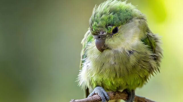 Pacific parrotlet with vibrant green feathers, perched on a small branch isolated on white.