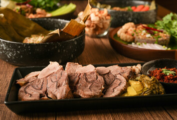 Laab Thaifood menu, raw food. laab moo mee of the North Lanna Thai food style, on table background. thaifood concept. Lanna Thai food.