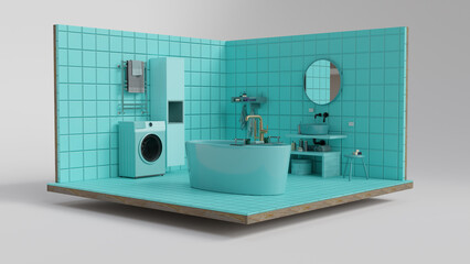 3D model of sleek blue-tiled bathroom with modern bathtub, sink, and washing machine. Contemporary design for home settings. Concept of architecture, psychology of color, tranquility, and calmness
