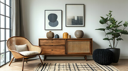 Mid-Century Modern Living Room with Rattan Chair and Wooden Cabinet