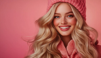 Fototapeta premium Portrait of beautiful young blonde woman wearing pink winter coat and hat on pink background . Healthy smiling clean fresh skin natural make up beauty hair eyes 