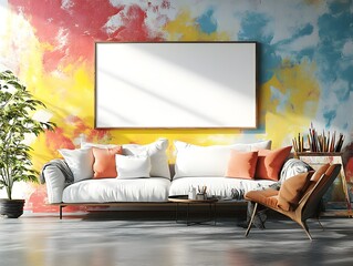 Blank white poster mockup on a colorful wall in a creative artist studio surrounded by painting supplies. 3d rendering