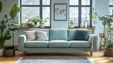 Modern Living Room Decor with Blue Sofa and Green Plants
