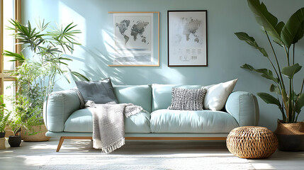 Living Room Decor with Green Plants,  Pillows, and a Blanket