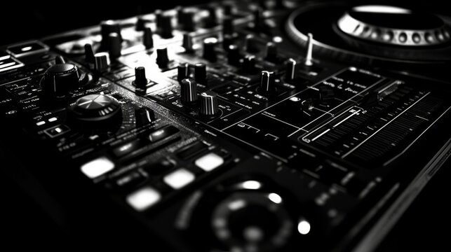 Monochrome close-up of DJ mixer and controls