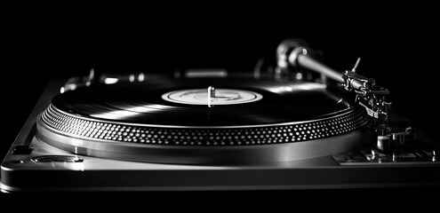 Black and white image of a vinyl record on a turntable