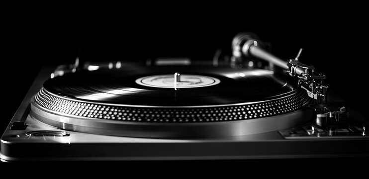 Black and white image of a vinyl record on a turntable