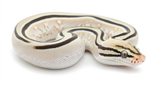 Pied ball python slithering gracefully, with its striking white and black patches standing out on white.