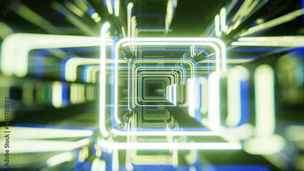 Poster 4k seamless looped animation. fly through mirror tunnel with neon pattern, glow lines form sci fi pa