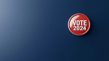 A holographic "VOTE 2024" button floating in empty space with soft reflections on a dark blue background, very realistic