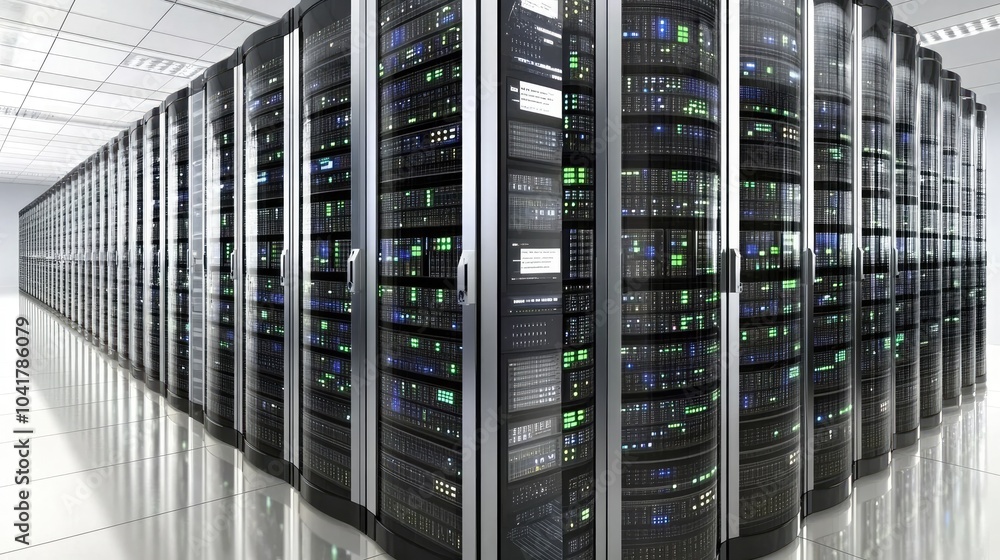Poster modern data center with high-tech server racks