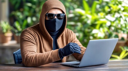 Mysterious Figure Using Laptop in Greenery Setting