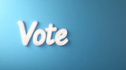 "Vote" made of glowing white light, hovering over a solid blue background with soft shadows, very realistic