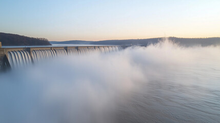 Fototapeta premium Dam View with Water Release and Mist