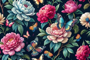 Chinese Peonies and Butterflies in Elegant Low Light Photography for Floral Decor