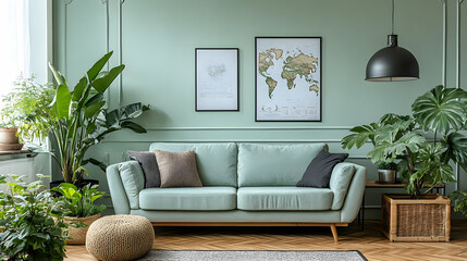 Green Sofa with World Map Decor and Plants in a Stylish Living Room