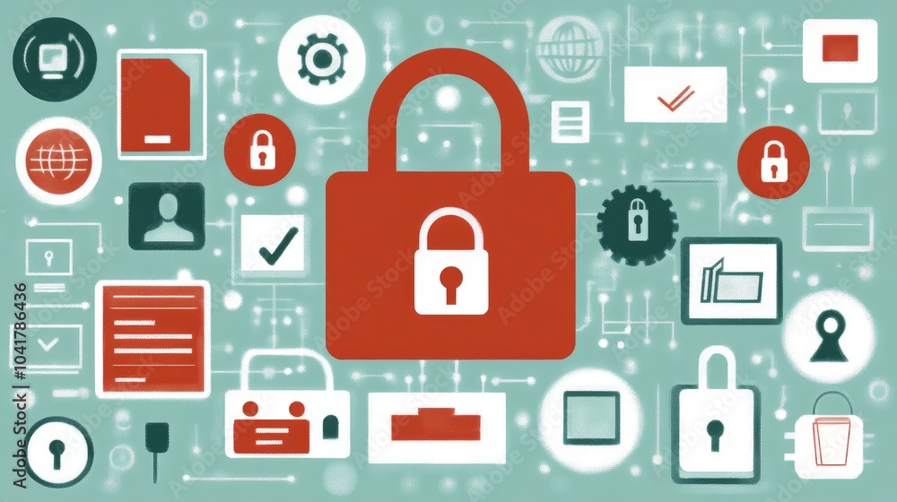 Poster digital security concept with locked elements and icons