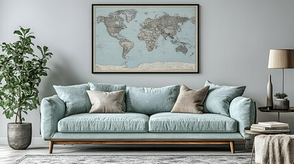 World Map Decor for Living Room with a Green Sofa